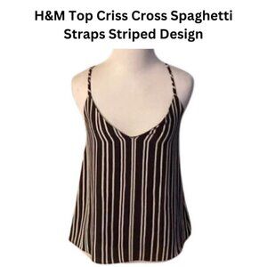 H&M Top V-Neck Sleeveless Criss Cross Spaghetti Straps Striped Black & White W 2